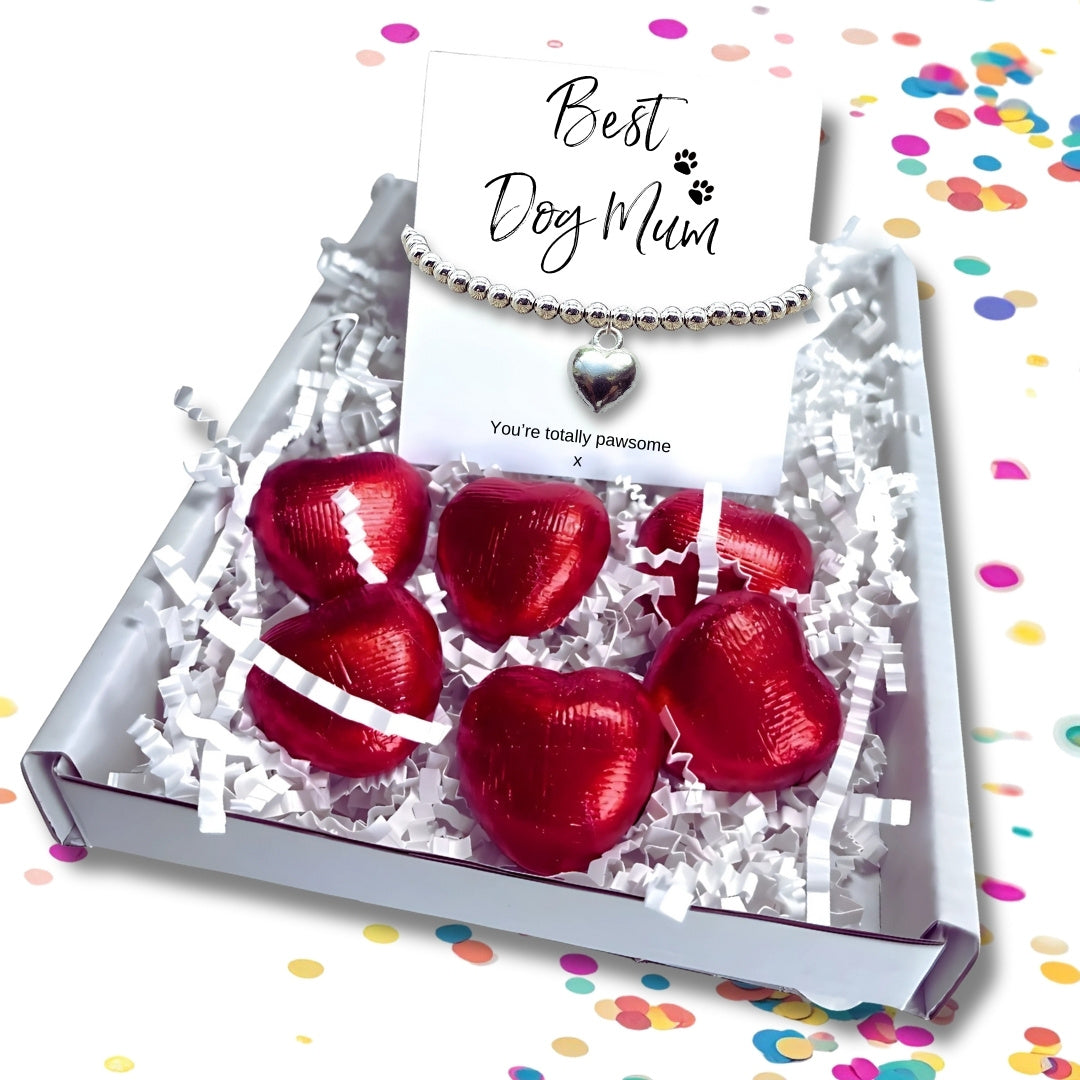 Dog Mum Gift Box – Silver Heart Bracelet & Chocolates