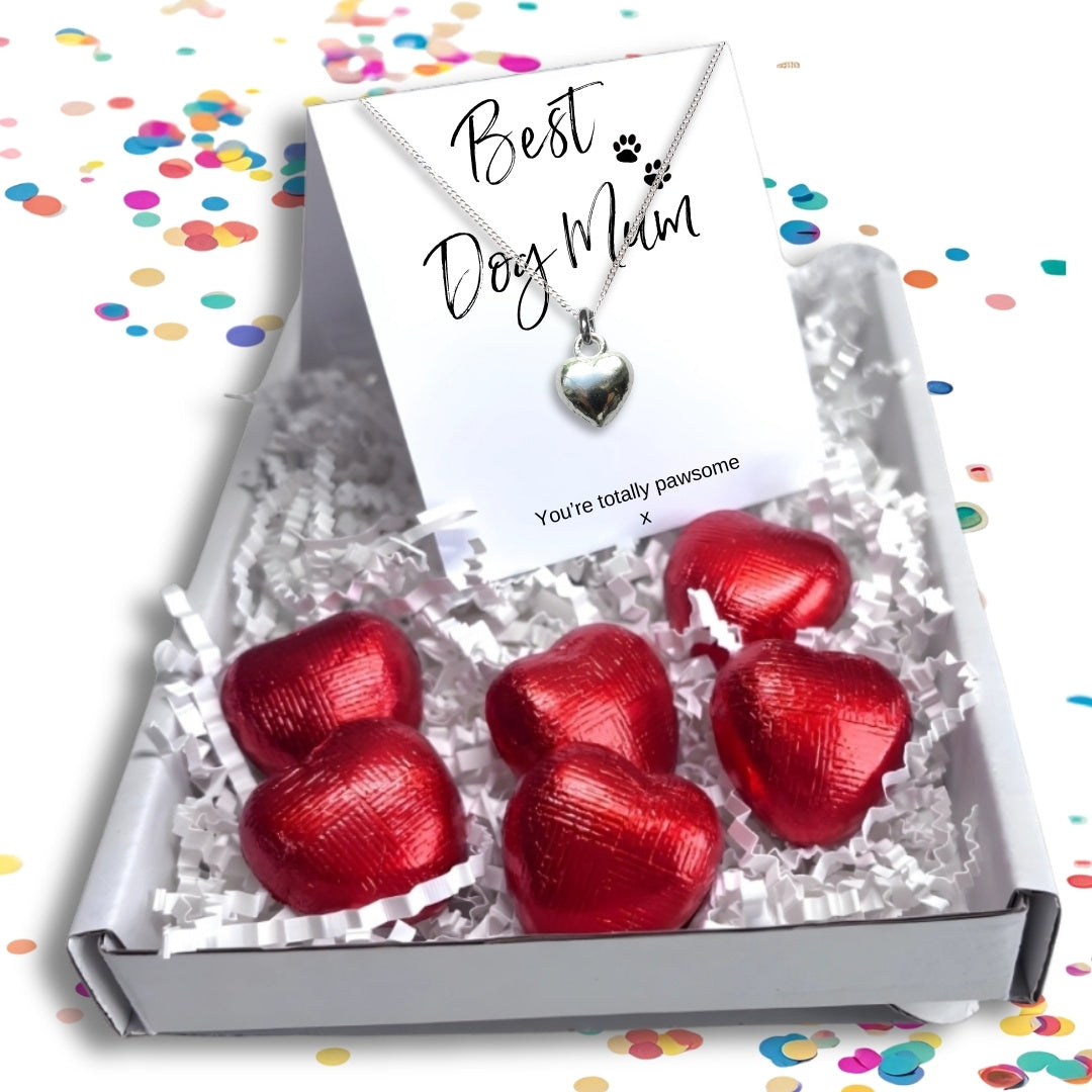Dog Mum Gift Box – Silver Heart Necklace & Chocolates